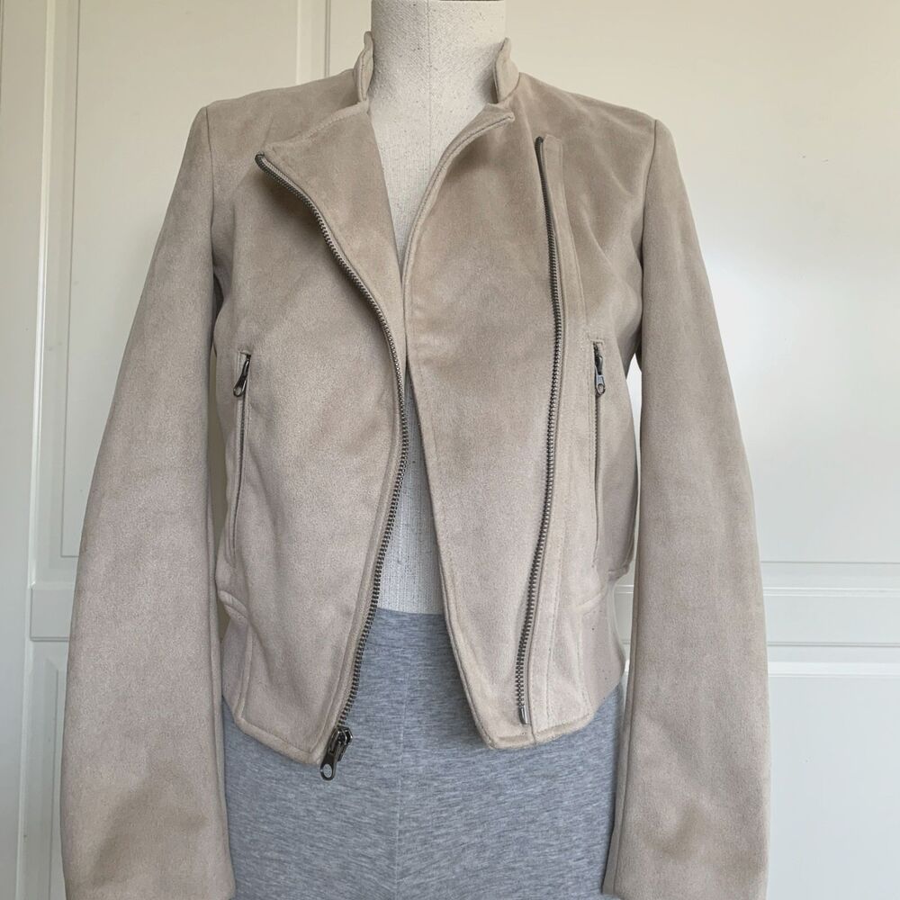 Banana Republic Faux Suede Moto Jacket Beige Asymmetrical Zip Womens Petite XXS